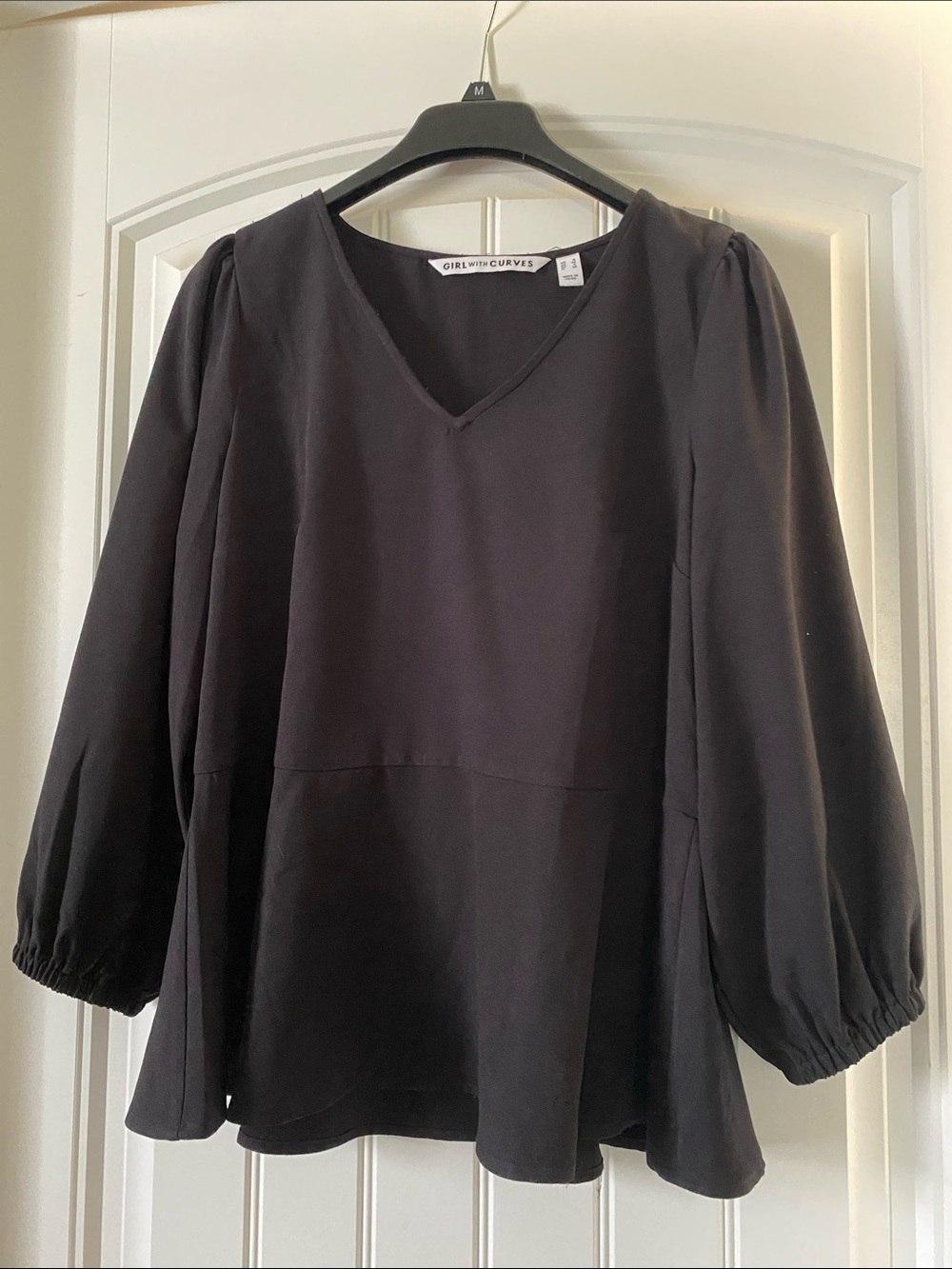 Girl with Curves Black V-Neck Puff Sleeve Peplum Top
